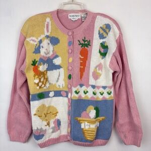 Vtg Alexandra Bartlett Easter Sweater Womens Large Cardigan Pink Bunny Eggs Read